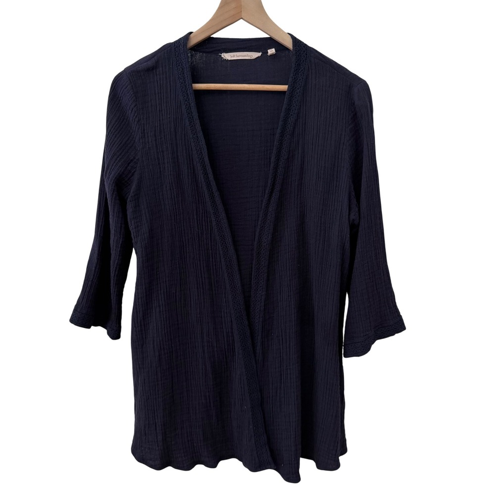 Soft Surroundings Cardigan Medium Navy Blue Gauze Crochet Trim Open Front